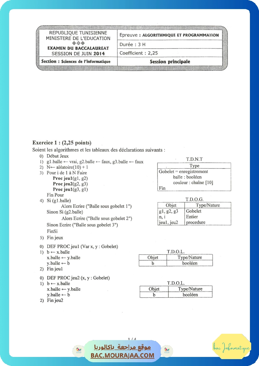 Sujet principale algorithme Bac 2014 – Section info